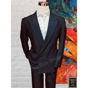 Vtg Christian Dior 41R 34x31 Dark Blue with Stripe Double Breasted Power Suit